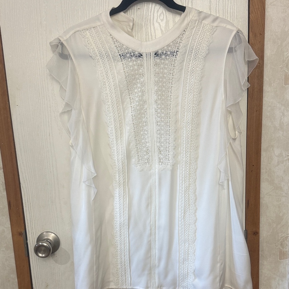 Elie Tahari White Lace Top with Sheer Sleeves